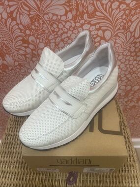Vaddia White Chalk Perforated Slip-On Sneakers with Metallic Silver Trim